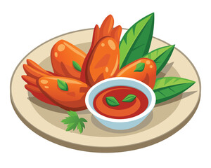 Wall Mural - chicken wings in the asian style and tomatoes sauce on plate in white background