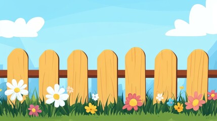 Wall Mural - A vibrant cartoon style vector design featuring a wooden fence adorned with lush grass and colorful flowers.