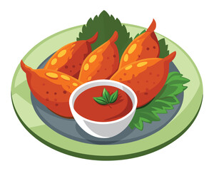 Wall Mural - chicken wings in the asian style and tomatoes sauce on plate in white background