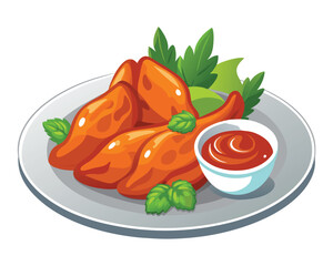 chicken wings in the asian style and tomatoes sauce on plate in white background