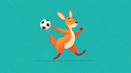 Wall Mural - A vibrant D animated kangaroo leaps, kicking a ball into the sky, showcasing dynamic movement in a colorful cartoon style.