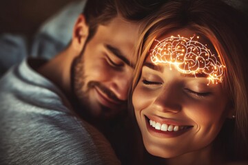 Poster - Neural Contentment A Couples Joyful Connection Visualized through a Soft Brain Interaction Highlighting Their Emotional Bond and Affection