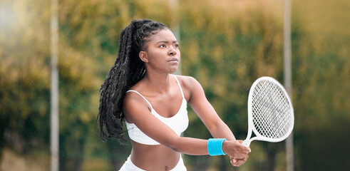 Canvas Print - Black woman, tennis and workout at sport game with competition, serve and fitness on court. Outdoor, start and health club with cardio, match and net with African player, athlete and volley training