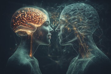 Sticker - Neural Partners Two Minds in Sync Visualized through a Futuristic Brain Illustration Emphasizing Their Cognitive and Emotional Connection