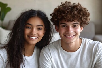 Wall Mural - Youthful Neural Bond A Joyful Portrait of Two Teens Celebrating Their Cognitive Connection with a Subtle Brain Visualization