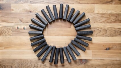 Wall Mural - Black Wooden Sticks Arranged in a Circular Pattern on a Wood Grain Surface