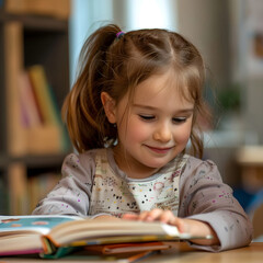 Young girl is enjoying a book while sitting at a table in a library