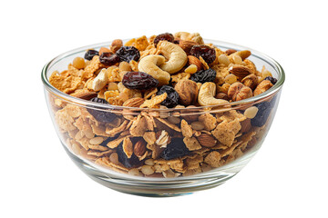 Caramel cornflakes with whole grains, raisins and cashew nuts in bowl, isolated on transparent background, for breakfast and healthy food.