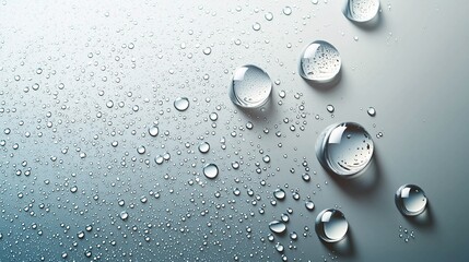 Wall Mural - Condensation droplets on a moist surface create a lifelike depiction of a clear gel serum, showcasing oil bubbles as design features on a shower or bathroom wall.