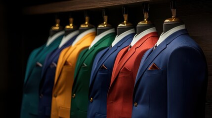 Custom-made suits displayed in an exclusive tailor shop, affluence, personalized luxury fashion