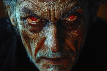 A chilling portrait of Count Dracula with piercing red eyes, perfect for Halloween-themed designs, party invitations, or spooky decorations with copy space.