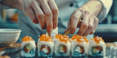 Wall Mural - Sushi Chef Creating Dish with Red Caviar, Avocado, and Cheese in Dining Establishment