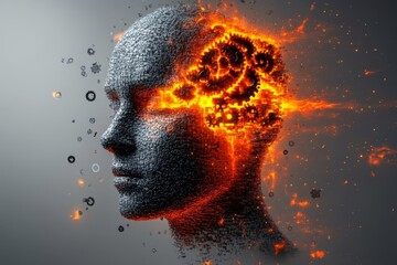 Poster - Fiery Neural Awakening A Womans Cognitive Potential Highlighted through a Dynamic Brain Visualization in a Bold Abstract Setting