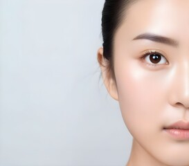 close up of beauty asia woman eye on white background. clean fresh skin on beige background, face ca