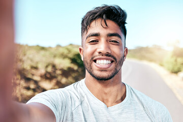 Poster - Portrait, selfie and man with smile, fitness and proud of muscle, outdoor or runner in nature for exercise. Confident, sporty and wellness of athlete with workout, bokeh or training of healthy person