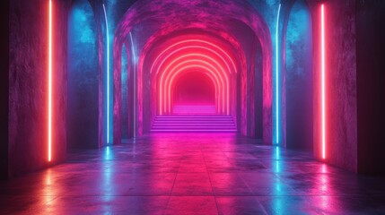 Wall Mural - Digital illustration of a bright projector shining on an empty dark stage with an abstract neon light background of glowing pink and blue hypnotic laser rays.