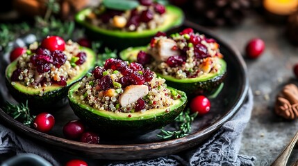 A festive dish featuring avocados filled with quinoa, cranberries, and chicken, garnished with fresh herbs, perfect for a healthy and vibrant holiday meal.