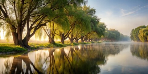 Canvas Print - Riverbank lined with dark khaki willow trees, their long branches stretching out into the calm water, serene, peaceful, early morning mist, soft natural light, a realistic photo image.