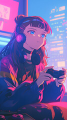 Sticker - Kawaii girl playing video games, Cute gamer anime with neon colors, Vertical background