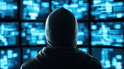 Wall Mural - A mysterious figure in a hoodie facing multiple digital screens, representing themes of technology and cybersecurity.