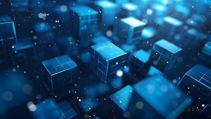 Poster - glowing blue cube abstract background , 3D abstract background. Abstract 3d rendering of blue cubes in space. Technology background. - Generated AI