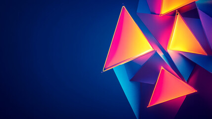 Poster - Colorful geometric shapes floating in space with vibrant lights and a dark blue background at dusk