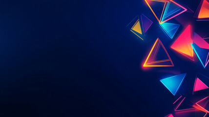 Poster - Illuminated geometric triangles in vibrant colors against a dark blue background showcasing modern abstract design elements