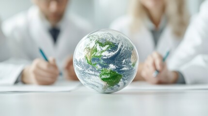 Wall Mural - Scientific collaboration focused on global sustainability and environmental research with a globe centerpiece.