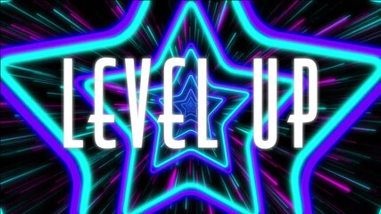 Poster - Level up text animation over blue shapes on black background