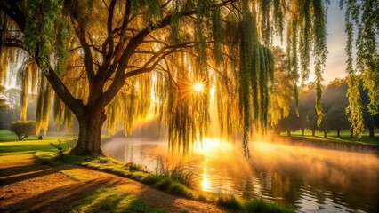 Canvas Print - Caramel-colored sunlight filtering through the latticework of a weeping willow tree, romantic and dreamy, subtle morning mist, intimate and cozy, a realistic photo image.