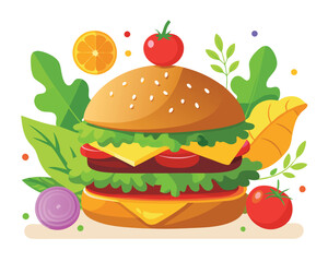 Wall Mural - Delicious burger with fresh ingredients and vegetable vector illustration 