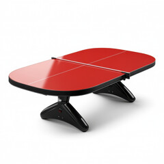 A sleek, red table tennis table with a modern design, isolated on a white background, showcasing contemporary sports equipment.