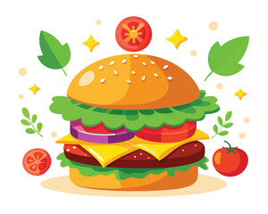 Wall Mural - Delicious burger with fresh ingredients and vegetable vector illustration 