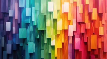 Poster - A colorful painting of blocks with a rainbow pattern. The blocks are arranged in a way that creates a sense of movement and energy. The painting is vibrant and lively