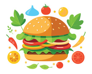 Wall Mural - Delicious burger with fresh ingredients and vegetable vector illustration 