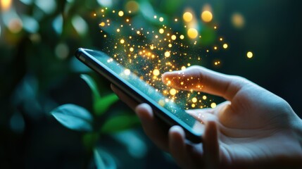 Poster - A close up shot of a person using a voice activated AI assistant on their smartphone. The assistant is displaying a digital interface with personalized recommendations, reminders, and information.