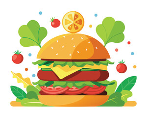 Wall Mural - Delicious burger with fresh ingredients and vegetable vector illustration 