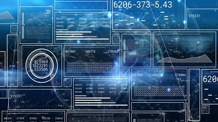 Poster - digital data and numerical analysis animation over blue technological background