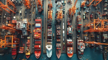 A large number of ships are docked at a port, with some of them being very large. The scene is bustling with activity, with many people working on the ships and in the surrounding area