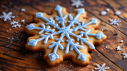 A closeup of a beautifully decorated Christmas cookie shaped like a snowflake, with intricate icing details and sparkling sugar, placed on a rustic wooden surface, with ample copy space