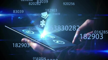 Poster - Touching tablet, person interacting with digital icons and numbers animation