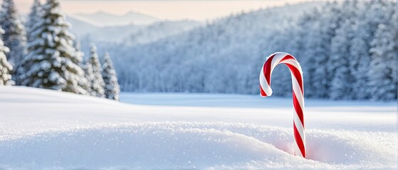 Candy cane positioned at the center of a sparkling snowy landscape swirls of peppermint