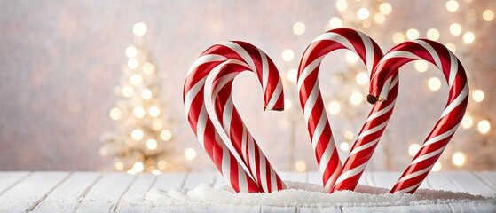 Candy cane positioned at the center of a sparkling snowy landscape swirls of peppermint