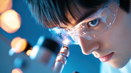 Poster - A researcher meticulously prepares a sample for examination under a high powered microscope, using precise tools and techniques.