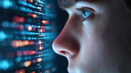 Poster - A researcher analyzes DNA sequences on a computer screen, using specialized software to identify mutations and variations.