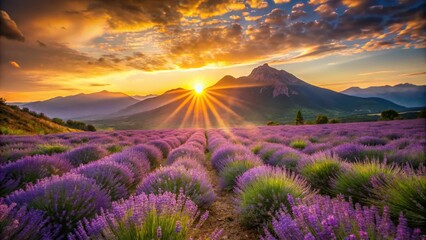 3. Dramatic angle of the sun setting behind a lavender mountain range, with the warm golden light of sunset casting a magical glow, evoking feelings of nostalgia and wonder.