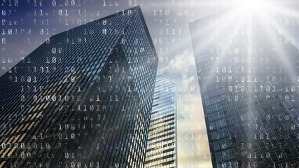 Poster - Binary code animation over skyscrapers and bright sunlight
