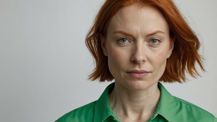 adult red hair white woman in green shirt model portrait standing straight on a plain white background for ad concept space for text