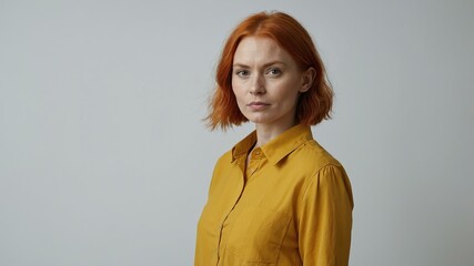 adult red hair finnougric woman in yellow shirt model portrait standing straight on a plain white background for ad concept space for text