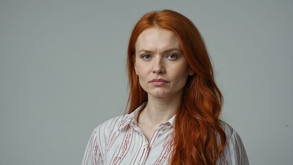 adult red hair finnougric woman in red shirt model portrait standing straight on a plain white background for ad concept space for text